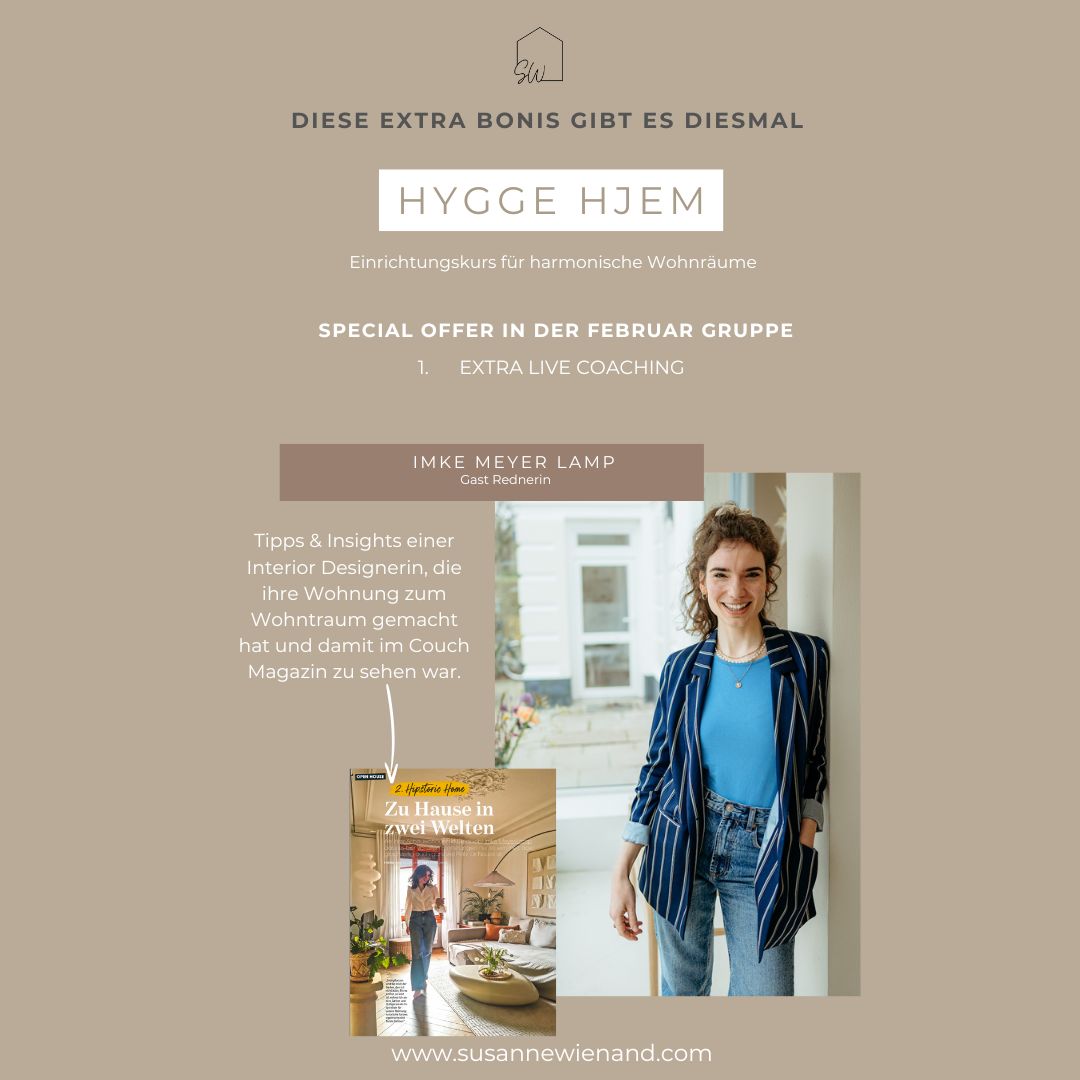 Gestaltetes Bild zum Einrichtungskurs „Hygge Hyam“ – zu sehen sind stilvolle Interiors im skandinavischen Design mit warmen Farben, natürlichen Materialien und gemütlicher Atmosphäre mit Imke Meyer Lamp