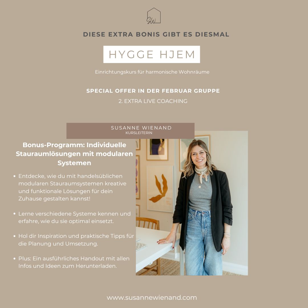 Gestaltetes Bild zum Einrichtungskurs „Hygge Hyam“ – zu sehen sind stilvolle Interiors im skandinavischen Design mit warmen Farben, natürlichen Materialien und gemütlicher Atmosphäre mit Susanne Wienand