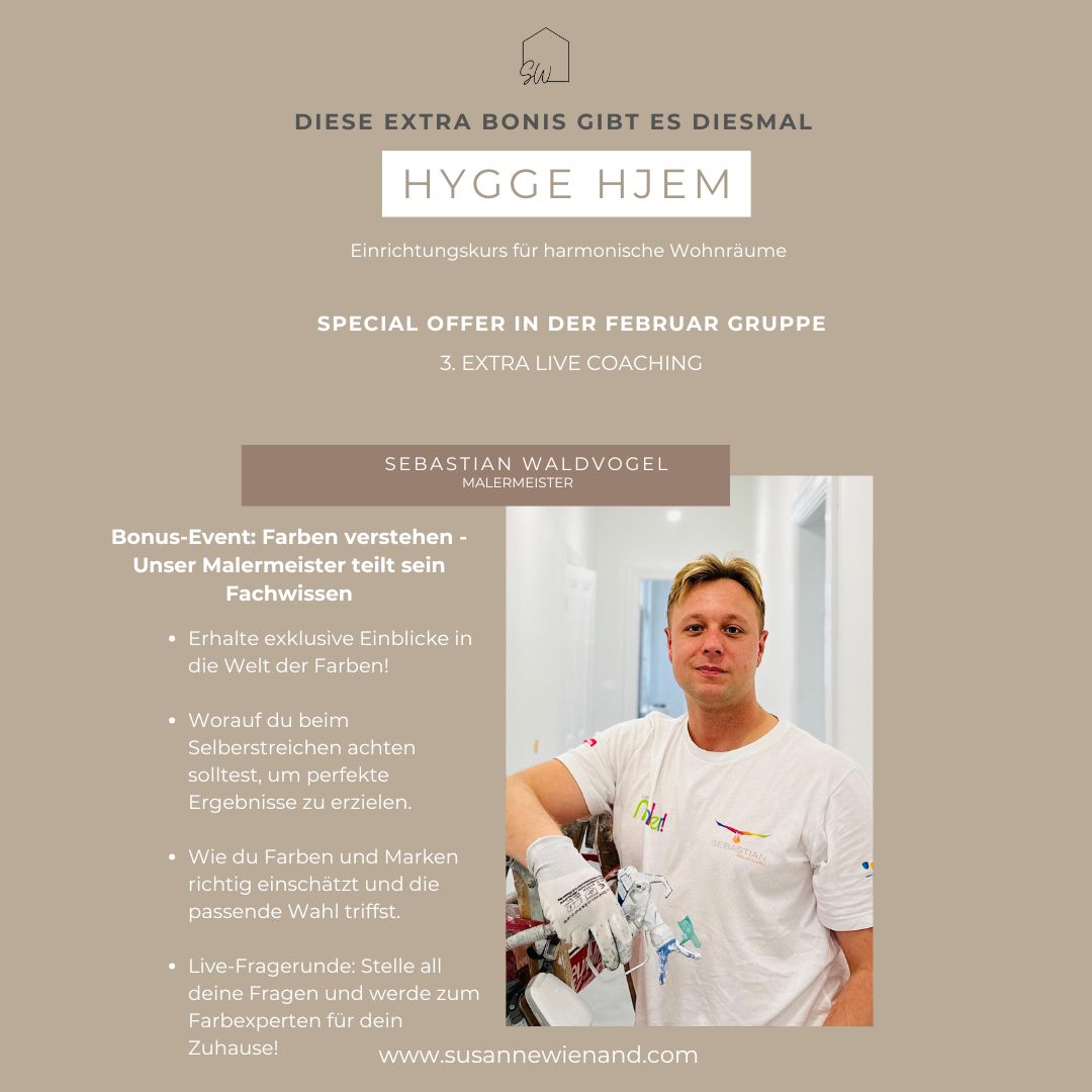 Gestaltetes Bild zum Einrichtungskurs „Hygge Hyam“ – zu sehen sind stilvolle Interiors im skandinavischen Design mit warmen Farben, natürlichen Materialien und gemütlicher Atmosphäre mit Sebastian Waldvogel