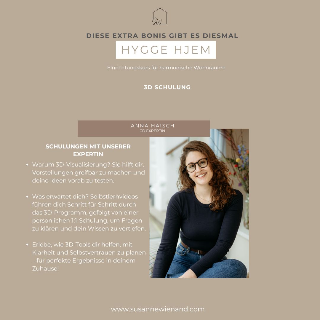 Gestaltetes Bild zum Einrichtungskurs „Hygge Hyam“ – zu sehen sind stilvolle Interiors im skandinavischen Design mit warmen Farben, natürlichen Materialien und gemütlicher Atmosphäre mit Anna Haisch